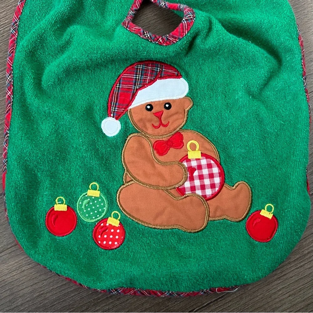 Vintage 90s Infant Toddler Christmas Bear & Ornaments Green Bib One Size